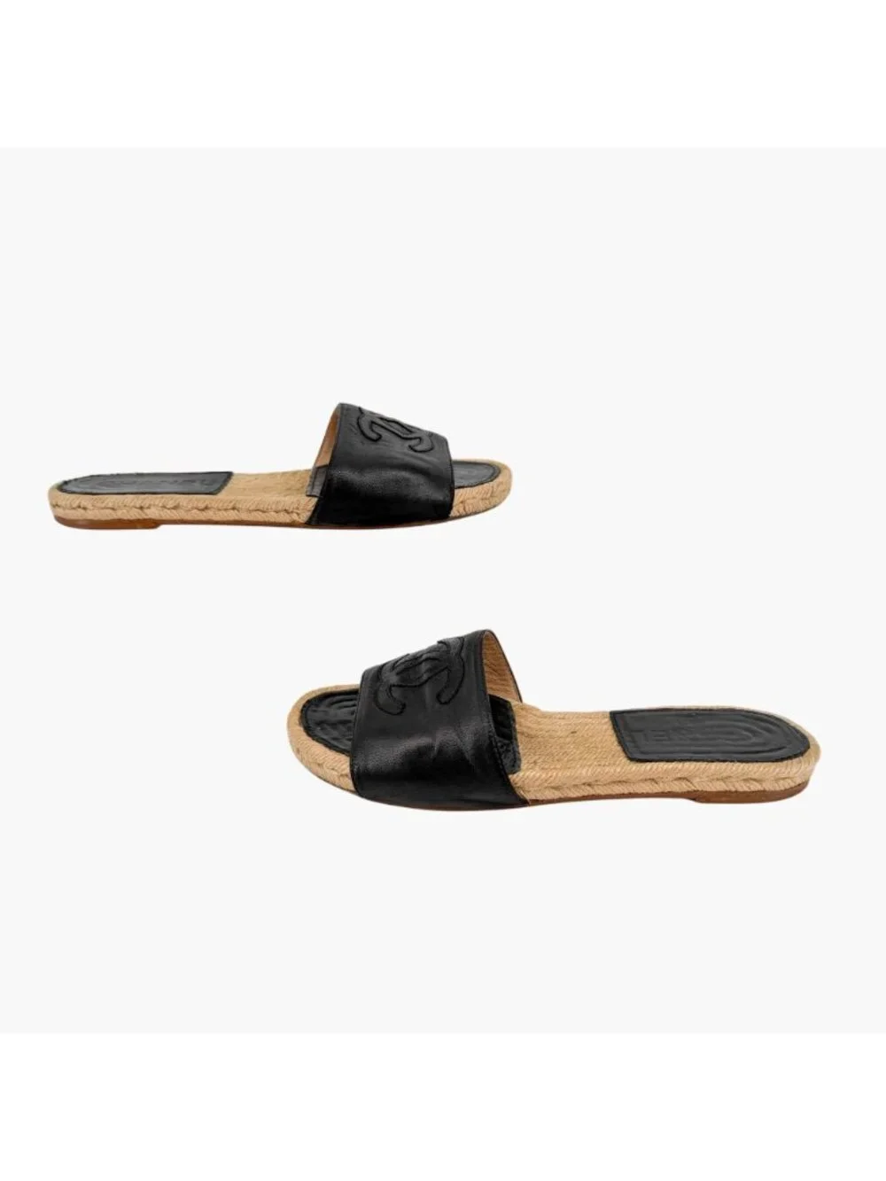 Chanel CC Flat Espadrille Mule Slide Sandals Black Leather Size 38 US 7-7.5